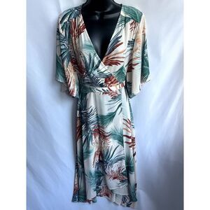 Dress Forum Los Angeles Midi Wrap Tropical Dress Size M Cream Green Palms Cute